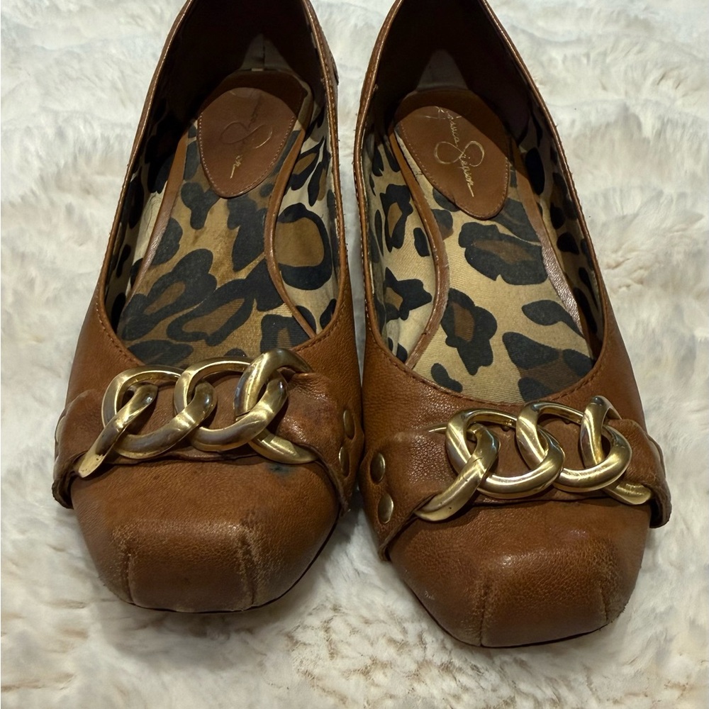 Jessica Simpson Brown Leather Flats with Gold Chain Detail